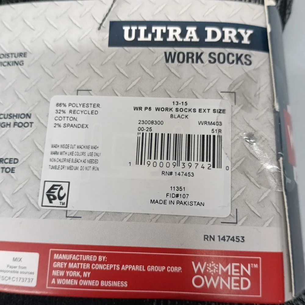Wrangler Men's 6 Pack Crew Ultra Dry Work Socks Shoe size 12-15 Big & Tall New